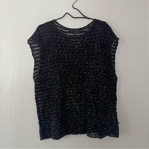 Eileen Fisher Open Knit Distressed Black Crochet Sweater Linen Blend Top Women’s